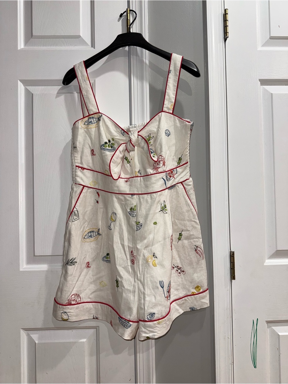 Caroline Constas Cream Printed Tie-Front Romper with Red Piping - Picture 2 of 4
